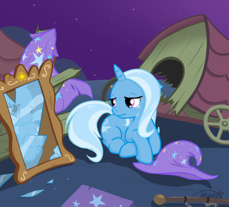 #111 - artist:theparagon, cape, caravan, cart, clothes, crying, female, floppy ears, frown, hat, mare, mirror, pony, prone, sad, safe, shattered glass, solo, trixie, trixie's cape, trixie's hat, trixie's wagon, unicorn, wagon