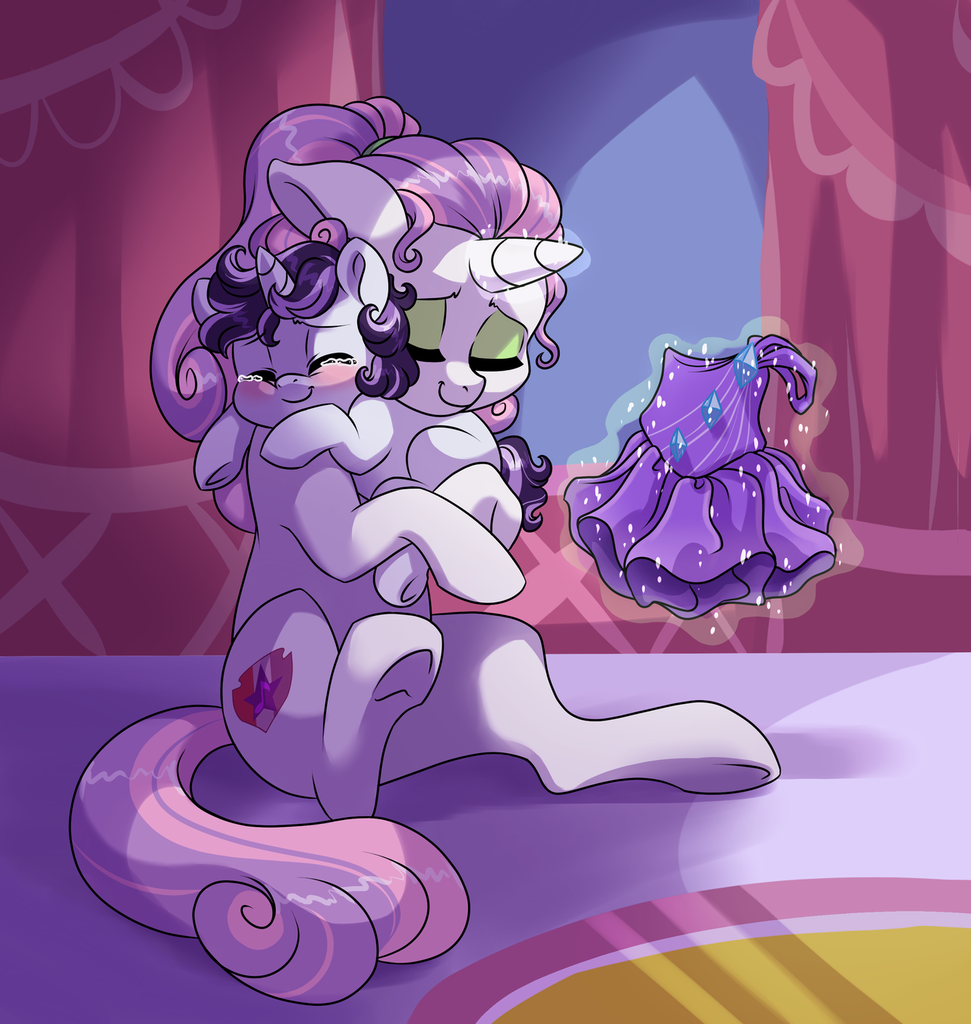 #1280755 - acceptance, artist:lopoddity, clothes, crying, cute, cutie mark, dress, female, filly, heartwarming, hug, mother and child, next generation, oc, oc:bel canto, oc:prima donna, offspring, pandoraverse, parent:rumble, parents:rumbelle, parent:sweetie belle, pony, safe, sweetie belle, tears of joy, the cmc's cutie marks, transgender, trans girl, trans mare - Derpibooru