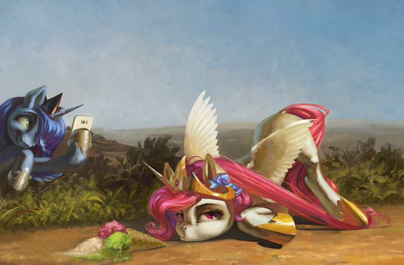 #2111204 - safe, artist:bra1neater, artist:v747, princess celestia, princess luna, alicorn, pony, bored, bow, bush, celestia is not amused, cellphone, crown, cute, cutelestia, dirt road, dropped ice cream, duo, face down ass up, featured image, female, food, grin, hair bow, hoof hold, hoof shoes, ice cream, ice cream cone, jewelry, lunabetes, majestic as fuck, mare, phone, pink-mane celestia, pouting, regalia, road, royal sisters, s1 luna, scrunchy face, sibling rivalry, siblings, sisters, smartphone, smiling, this will end in tears and/or a journey to the moon, tripped, trolluna, unamused, upset, younger - Derpibooru