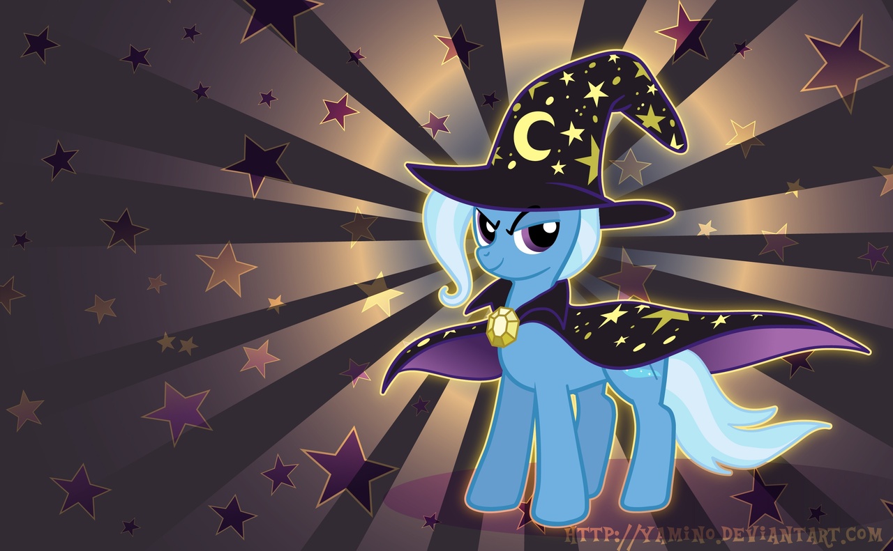 Size: 3036x1875 | Tagged: safe, artist:yamino, trixie, clothes, hat, looking at you, moon, photoshop, robe, stars, wallpaper