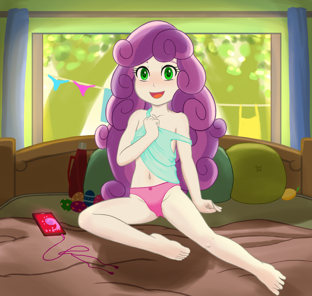 #2585994 - safe, artist:lemon, sweetie belle, equestria girls, barefoot, bed, bedroom, belly button, cellphone, clothes, clothes line, cute, easter egg, eyebrows visible through hair, feet, food, lemon, looking at you, morning, morning hair, panties, phone, pillow, shirt, shirt lift, smartphone, smiling, summer, thermos, tree, underwear, window - Derpibooru